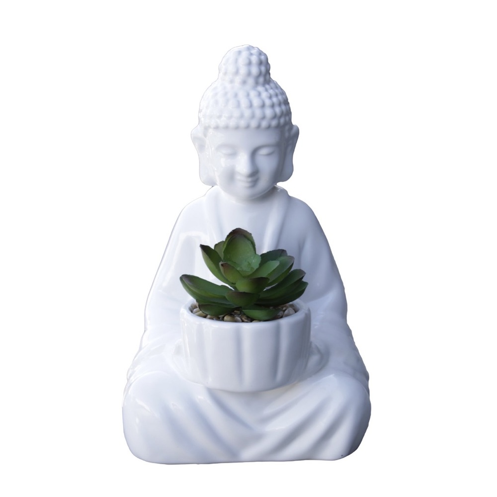 Artificial Succulent Arrangement in White Buddha Ceramic 8.5" Planter